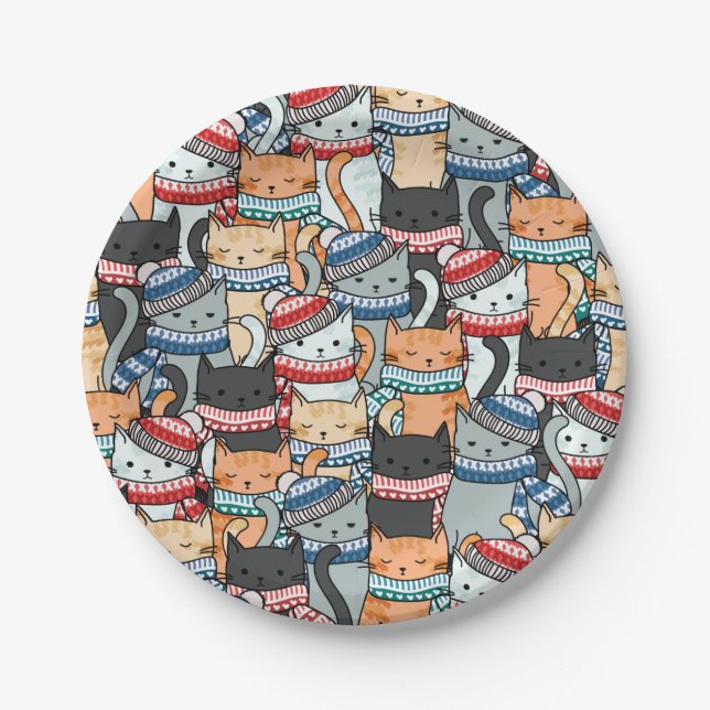 Katzen in Winterskarven und Hats-Muster Pappteller (Vorderseite)