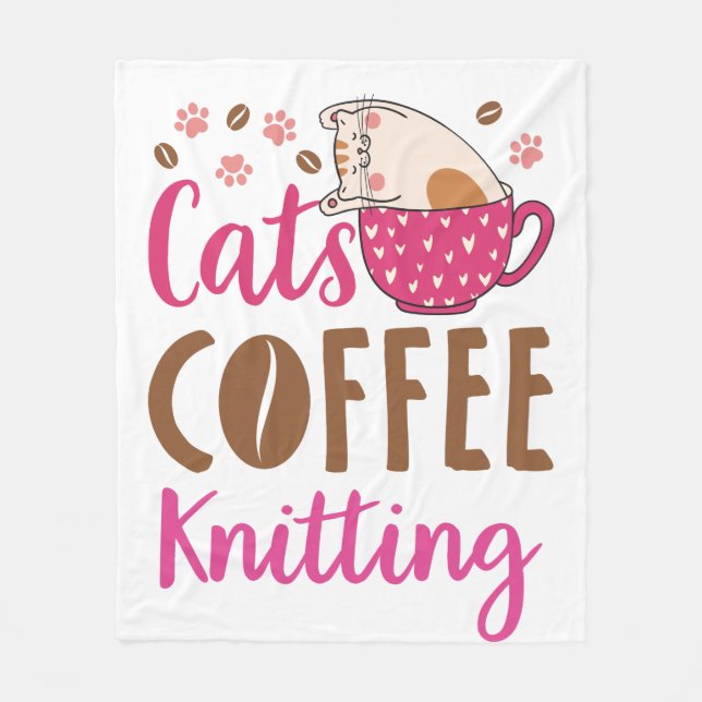 Katzen Kaffee Stricken Fleecedecke (Vorderseite)