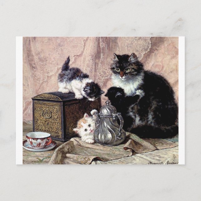 Katzen Kätzchen spielen Tee-Party antikes Gemälde Postkarte (Vorderseite)
