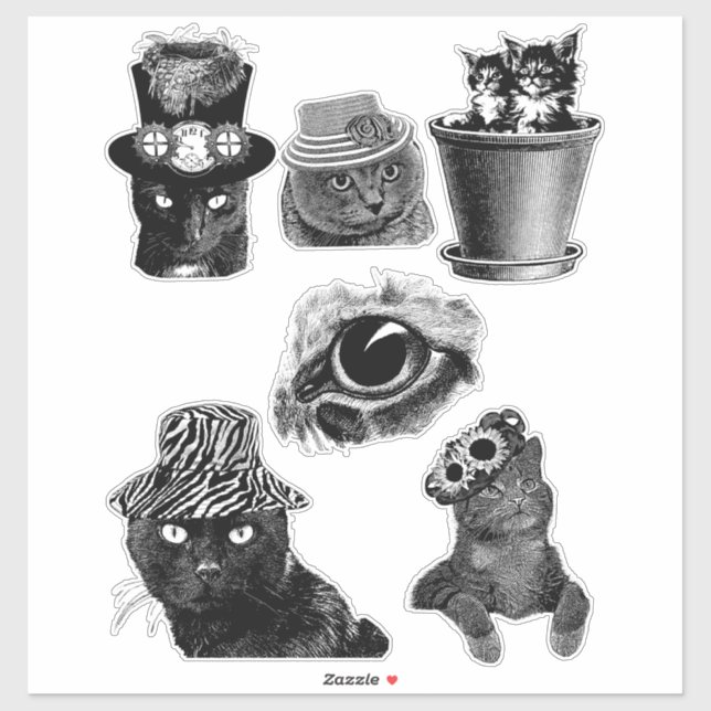Katzen Kätzchen Tiere Art Schwarz-Weiß Zeichnungen Aufkleber (Blatt)