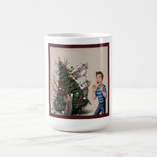 Katzen klettern und stürzen den Baum über Kaffeetasse