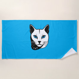 Katzen Kopf in Schwarz-Weiß Blaue Augen + Text Strandtuch