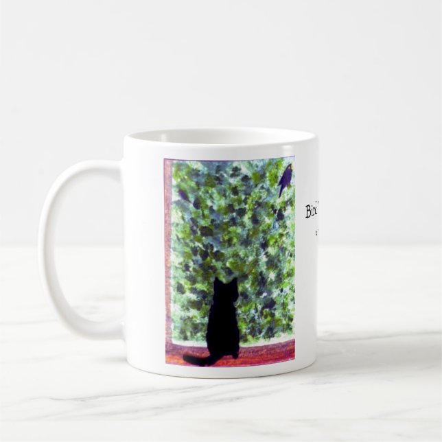 Katzen-Kunst-schwarze Katzen-Vogelbeobachtung! Kaffeetasse (Links)