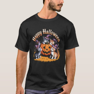 Katzen-Kürbis-Halloween-Blumen-Unheimliche-Saison- T-Shirt