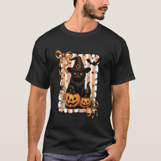 Katzen-Kürbis-Halloween-Retro-Coquette-Bogen Gruse T-Shirt