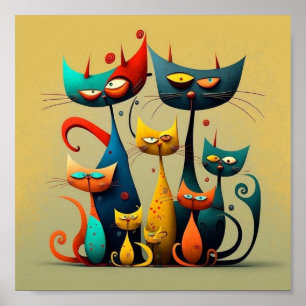 Katzen, lebhaft, farbenfroh, skurril, stilisiert,  poster