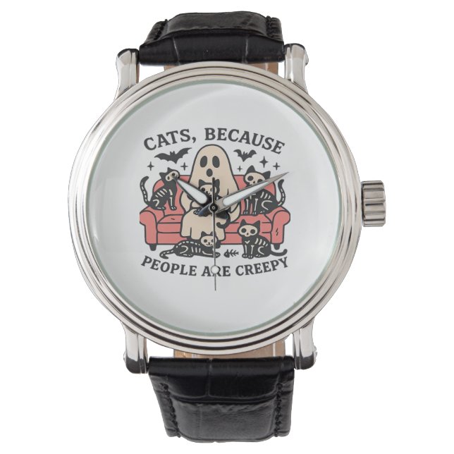 Katzen Leute sind gruselig Skelett Halloween T-Shi Armbanduhr (Vorderseite)