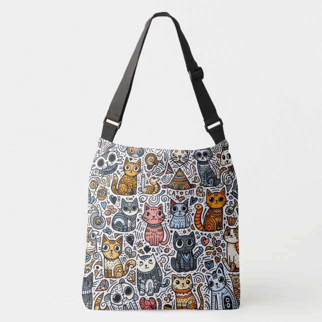Katzen Lover Doodle Cross-body bag Tragetaschen Mit Langen Trägern (Vorderseite)