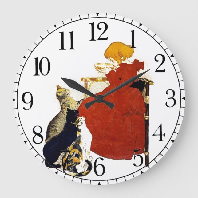 Katzen-Mädchen-Milch-französische Kunst Nouveau Große Wanduhr (Vorderseite)