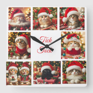 Katzen mit roten Weihnachtshütten /Niedlich /Wall Quadratische Wanduhr
