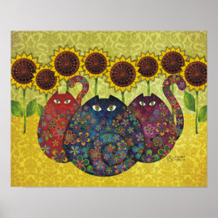 Katzen mit Sonnenblume-Leinwanddruck Poster