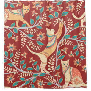 Katzen mit Verzierungen, Zweige mit Blume und Lede Duschvorhang