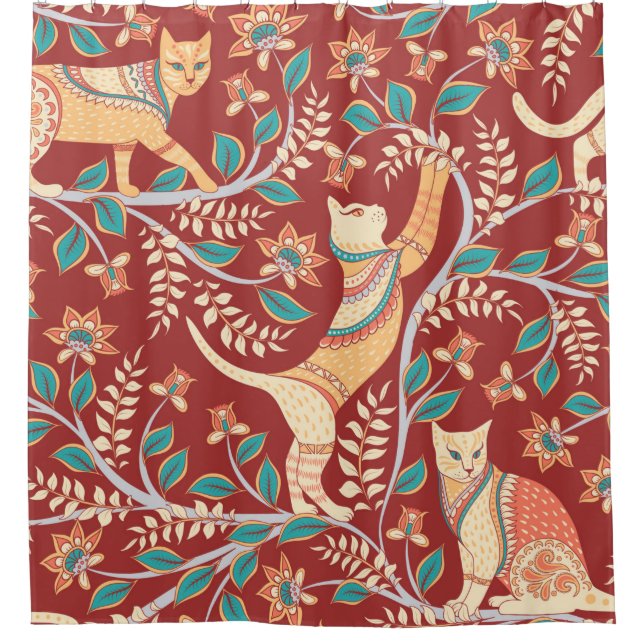 Katzen mit Verzierungen, Zweige mit Blume und Lede Duschvorhang (Vorderseite)