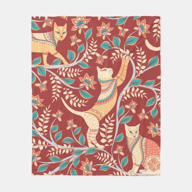 Katzen mit Verzierungen, Zweige mit Blume und Lede Fleecedecke (Vorderseite)