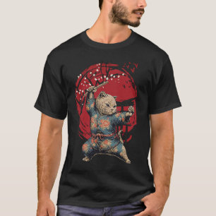 Katzen-Ninja hinter japanischem Kirschblütenbaum u T-Shirt