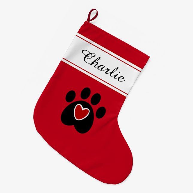 Katzen- oder Hundepaw-Druck mit einem roten Herz Großer Weihnachtsstrumpf (Vorderansicht (hängend))