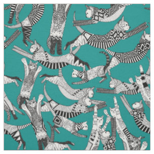 Katzen-Party aquamarin Stoff