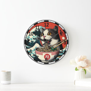 Katzen-Ramen japanische Kunst im Vintage-Stil Große Wanduhr