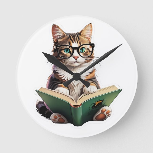 Katzen-Reading-Buch Runde Wanduhr (Vorderseite)