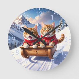 Katzen Schlittenfahrt Runde Wanduhr