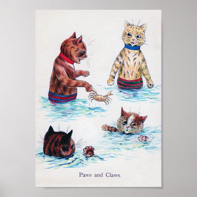 Katzen Schwimmen am Strand, Louis Wain Poster (Vorne)
