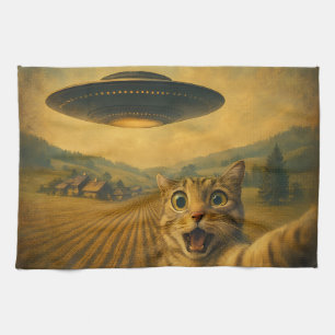 Katzen-Selfie mit Alien-UFO Lustige Katzen-Geschen Geschirrtuch