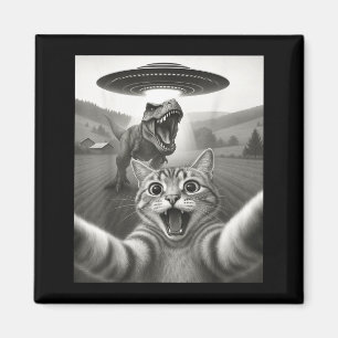 Katzen-Selfie mit Alien-Ufo und T-Rex-Dinosaurier- Magnet