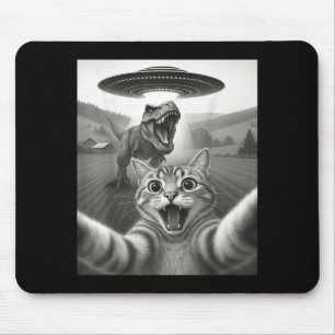 Katzen-Selfie mit Alien-Ufo und T-Rex-Dinosaurier- Mousepad