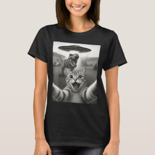 Katzen-Selfie mit Alien-Ufo und T-Rex-Dinosaurier- T-Shirt