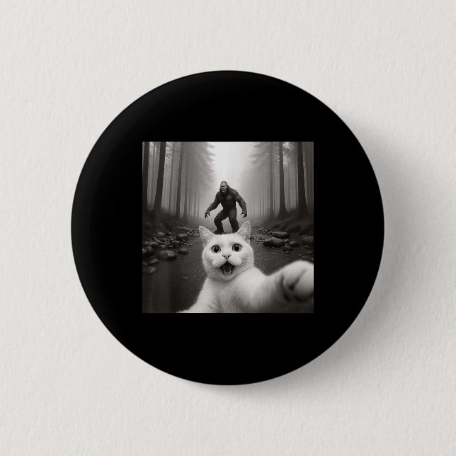 Katzen-Selfie mit Bigfoot Lustige Katzen-Geschenke Button (Vorderseite)