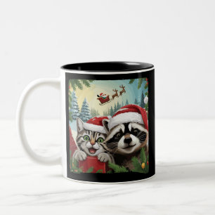 Katzen-Selfie mit Santas Schlitten seltsamer Wasch Zweifarbige Tasse