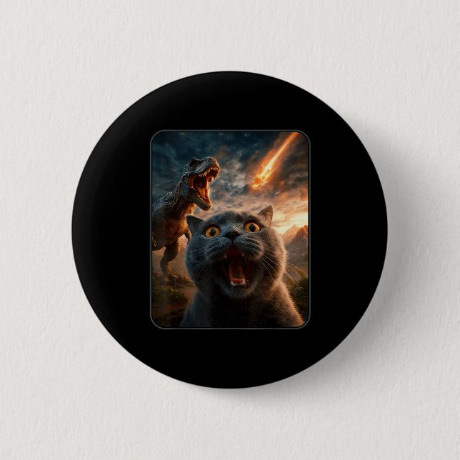 Katzen-Selfie mit T-Rex-Dinosaurier Lustiges Katze Button (Vorderseite)