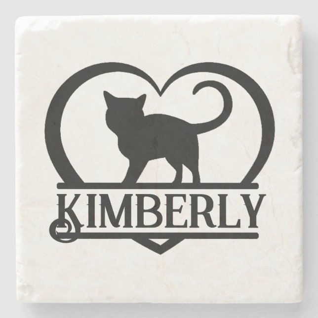 Katzen-Silhouette Herz geteiltes Monogramm Steinuntersetzer (Vorderseite)