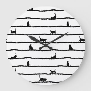 Katzen-Silhouette-Streifen abstraktes handgezeichn Große Wanduhr