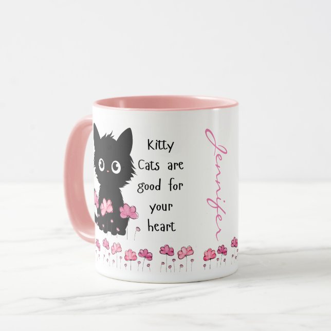 Katzen sind gut für das Herz, schwarze Kitty Tasse (Vorderseite Links)