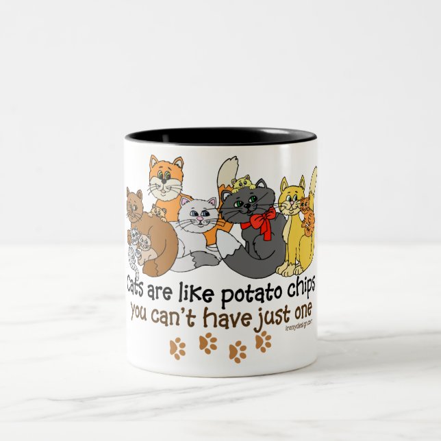 Katzen sind wie Kartoffelchips Zweifarbige Tasse (Mittel)