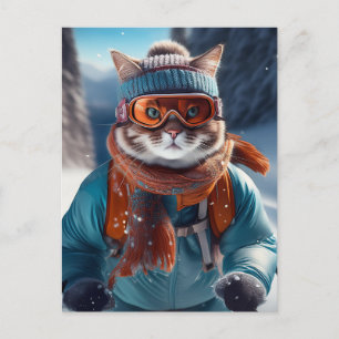 Katzen-Skifahren auf den schneebedeckten Hängen Postkarte