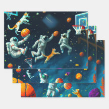 Katzen spielen Basketball im Weltraum mit Astronau