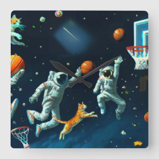 Katzen spielen Basketball im Weltraum mit Astronau Quadratische Wanduhr