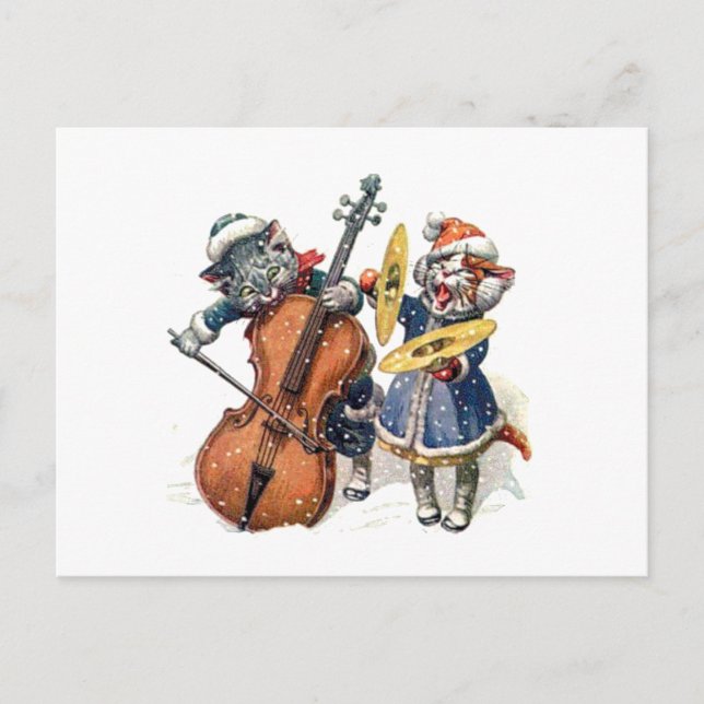 Katzen spielen Cello und Cymbals im Schnee Postkarte (Vorderseite)