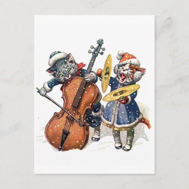Katzen spielen Cello und Cymbals im Schnee Postkarte (Vorderseite)