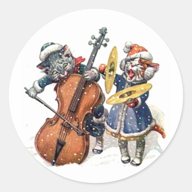 Katzen spielen Cello und Cymbals im Schnee Runder Aufkleber (Vorderseite)