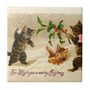 Katzen spielen im Schnee Vintage Weihnachten Fliese
