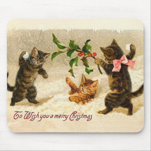 Katzen spielen im Schnee Vintage Weihnachten Mousepad