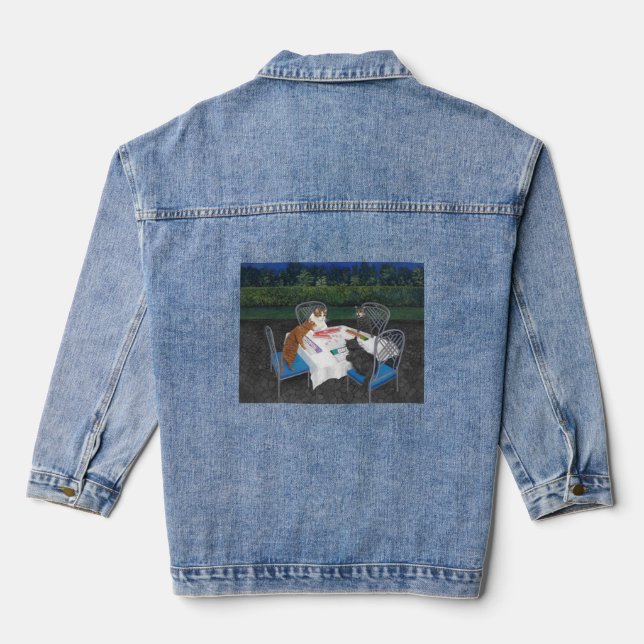 Katzen spielen Mahjong Jeansjacke (Rückseite)