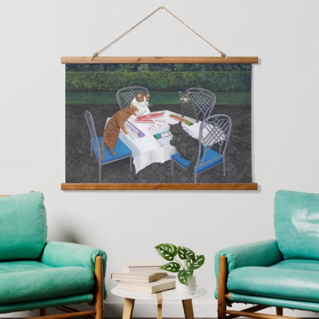 Katzen spielen Mahjong Wandteppich Mit Holzrahmen (Wohnzimmer)