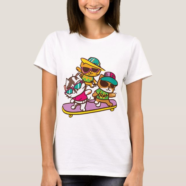Katzen spielen Skateboard mit Brillen Hip Hop Hut T-Shirt (Vorderseite)