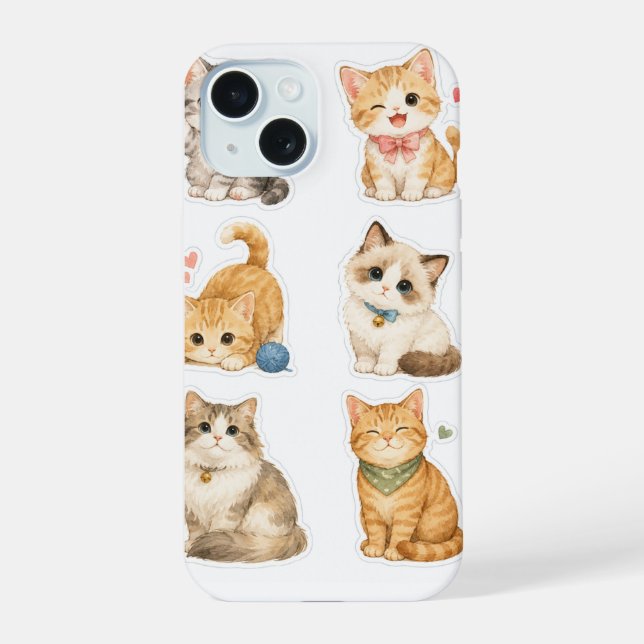 Katzen-Sticker-Muster iPhone 15 Hülle (Rückseite)