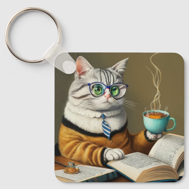Katzen, Tee, Bücher Schlüsselanhänger (Vorderseite)