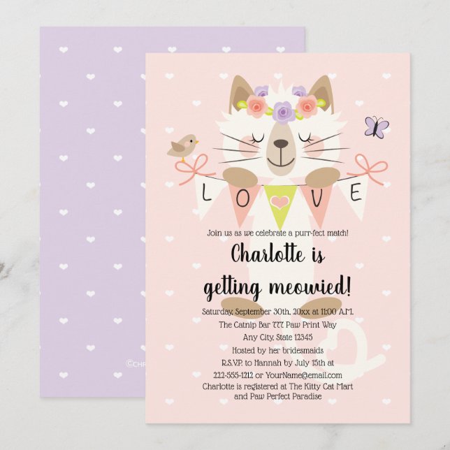 Katzen-Themed Brautparty-Einladungen BlumenBoho Einladung (Vorne/Hinten)